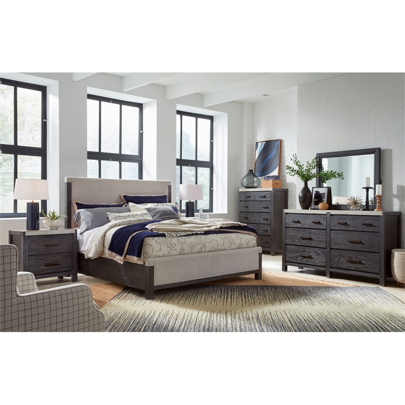 Bowery Hill Black 6-Drawer Dresser with Marble Top Wooden Finish