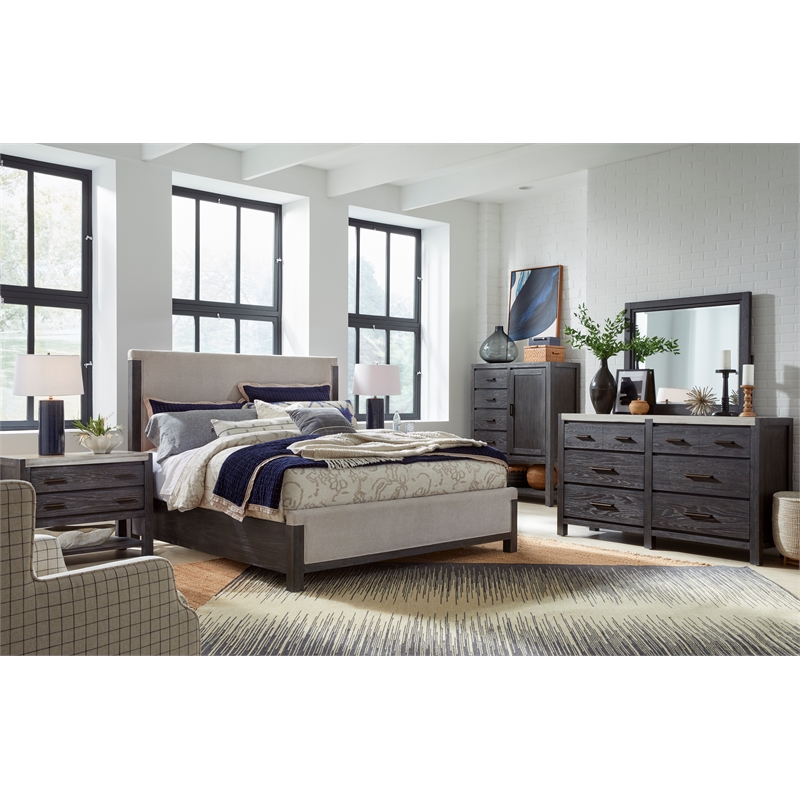 Bowery Hill Black 6-Drawer Dresser with Marble Top Wooden Finish