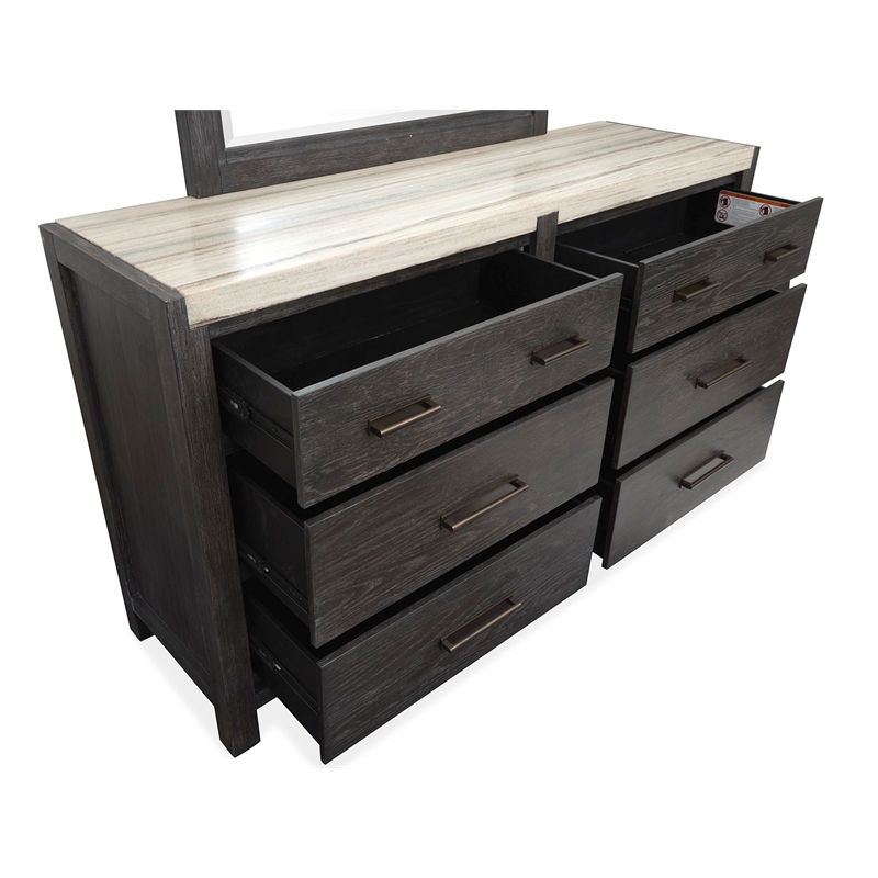 Bowery Hill Black 6-Drawer Dresser with Marble Top Wooden Finish