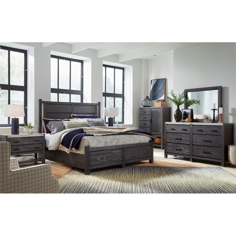 Bowery Hill Black 6-Drawer Dresser with Marble Top Wooden Finish