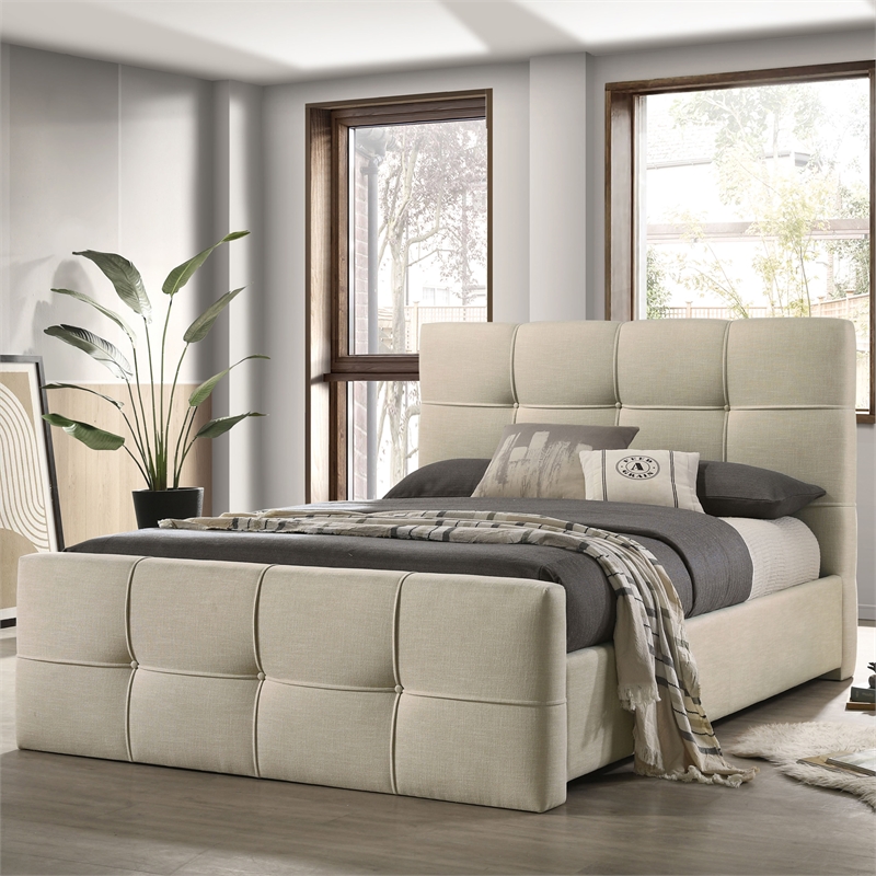 Bowery Hill Queen Upholstered Tufted Fabric Bed in Ivory