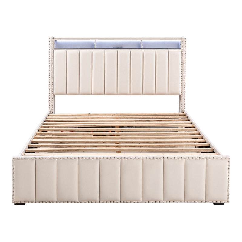 Bowery Hill Beige Full Upholstered Storage Bed with LED and USB Features