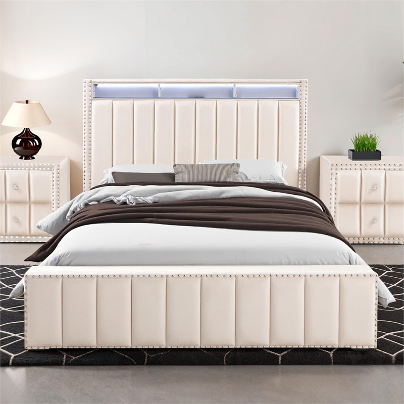 Bowery Hill Beige Full Upholstered Storage Bed with LED and USB Features