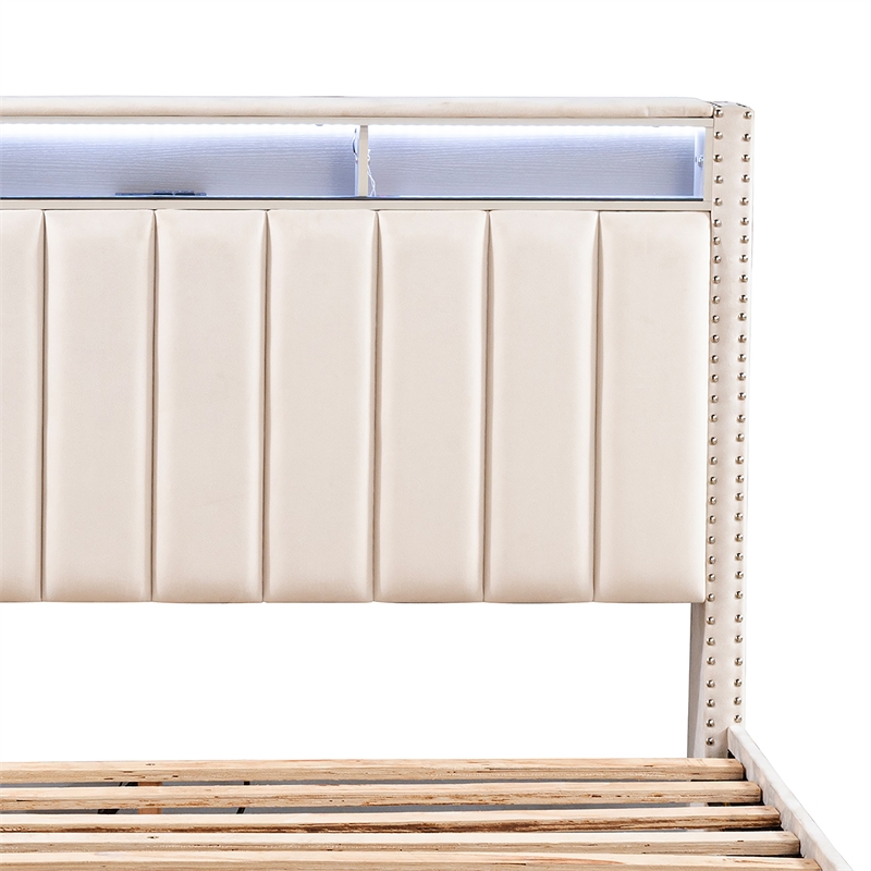 Bowery Hill Beige Full Upholstered Storage Bed with LED and USB Features