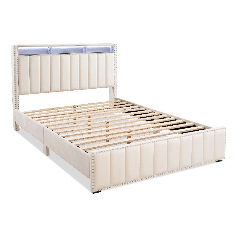Bowery Hill Beige Full Upholstered Storage Bed with LED and USB Features