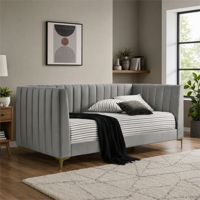 Bowery Hill Tufted Twin Daybed in Light Gray with Metal Legs