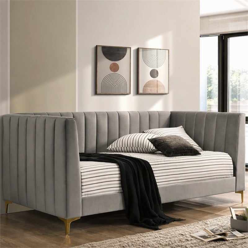Bowery Hill Tufted Twin Daybed in Light Gray with Metal Legs