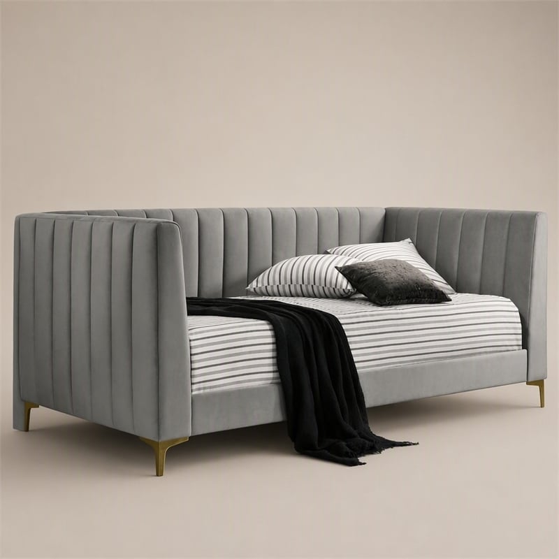 Bowery Hill Tufted Twin Daybed in Light Gray with Metal Legs