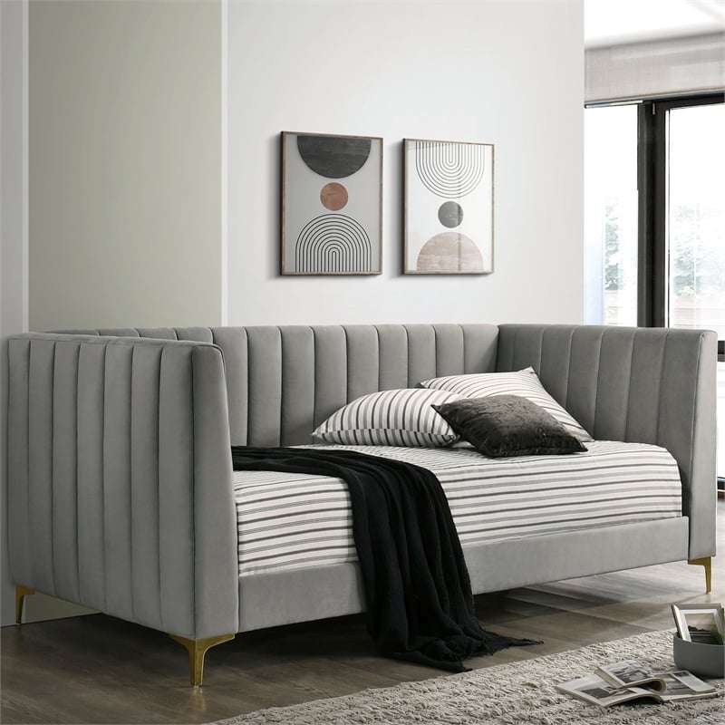Bowery Hill Tufted Twin Daybed in Light Gray with Metal Legs