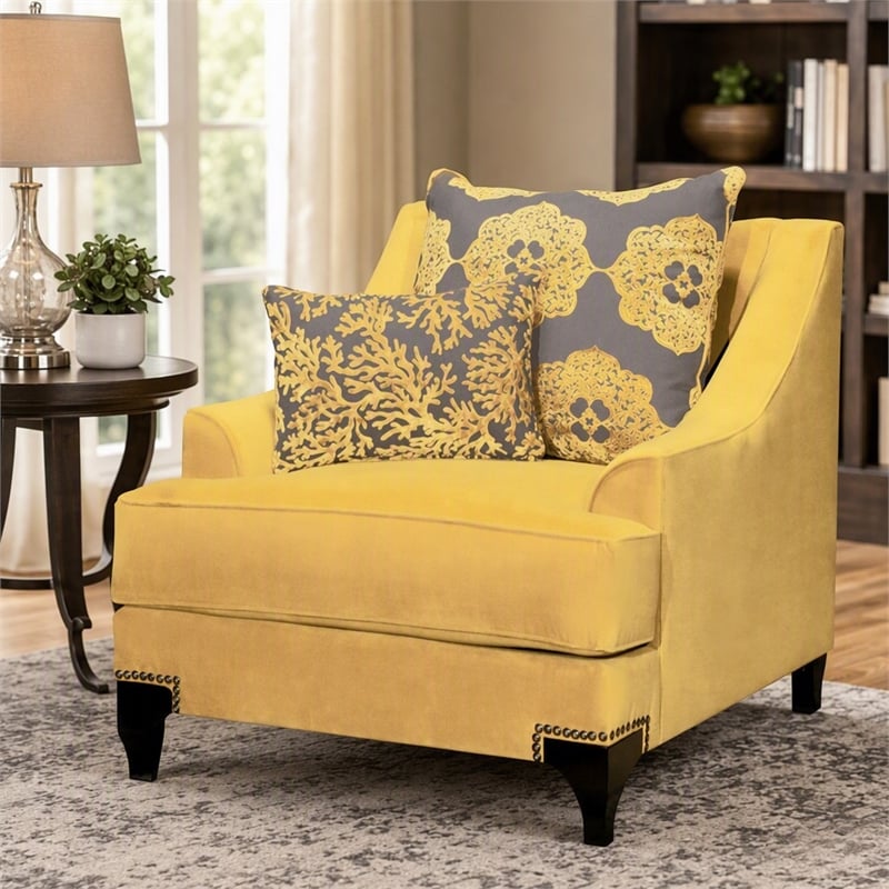 Bowery Hill Traditional Fabric Accent Chair in Gold with Nail Head Trim