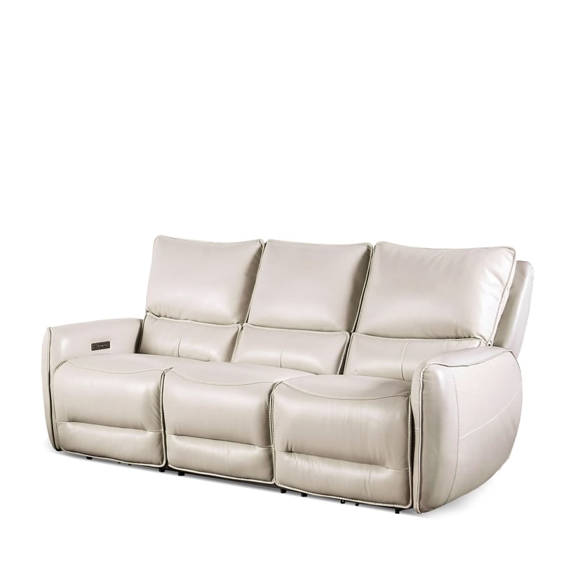 Bowery Hill Beige Leather Power Reclining Sofa with USB Ports and Wood Frame