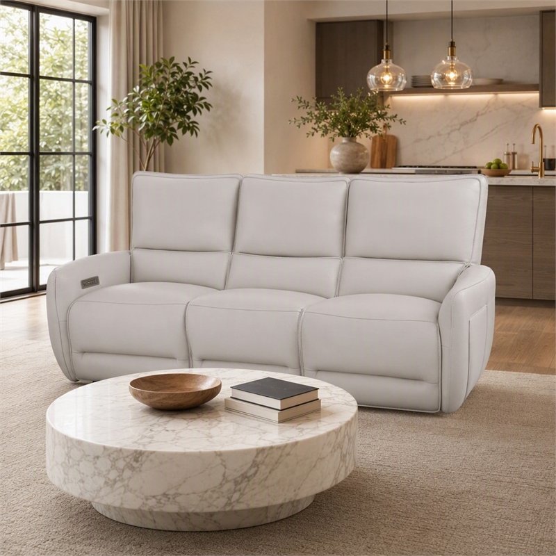 Bowery Hill Beige Leather Power Reclining Sofa with USB Ports and Wood Frame