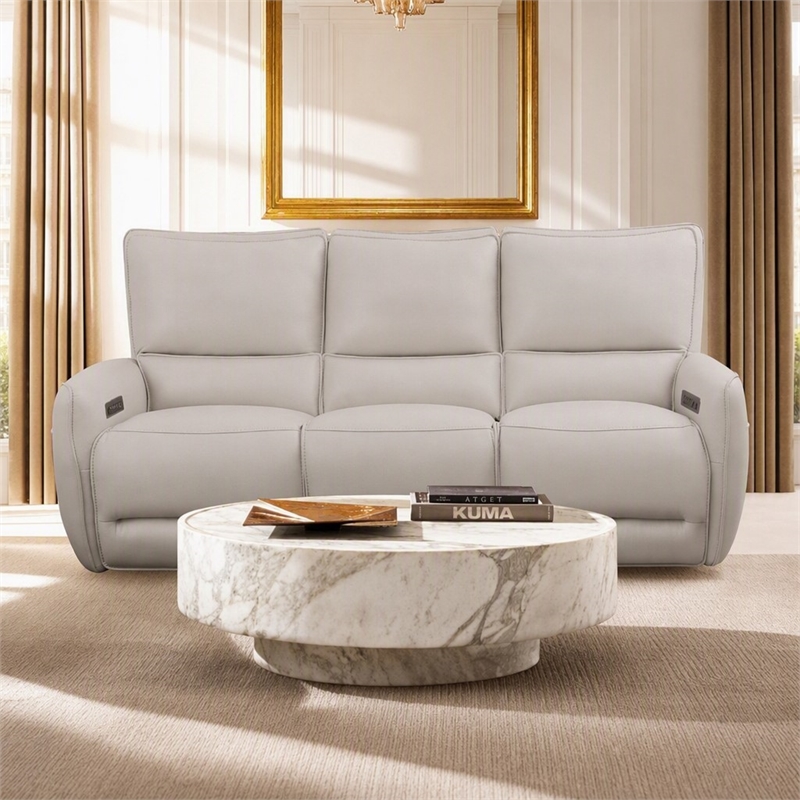 Bowery Hill Beige Leather Power Reclining Sofa with USB Ports and Wood Frame