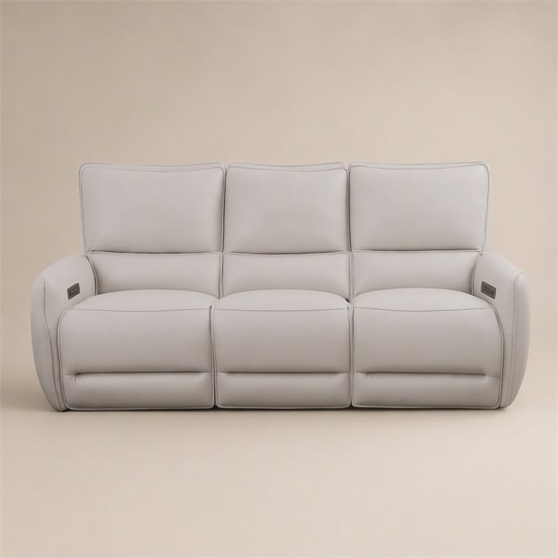 Bowery Hill Beige Leather Power Reclining Sofa with USB Ports and Wood Frame
