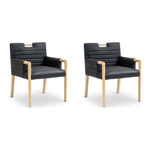 Bowery Hill Set of 2 Black Vegan Leather Dining Arm Chairs with Natural Oak Wood Frame