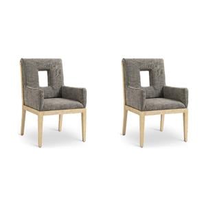 Bowery Hill Set of 2 Grey Linen Arm Chairs with Mid-Century Design & Oak Frame