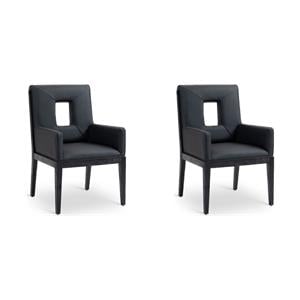 Bowery Hill Set of 2 Black Vegan Leather Dining Arm Chairs with Solid Wood Frame
