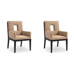 Bowery Hill Set of 2 Dining Arm Chairs in Cognac Linen Fabric with Solid Wood Frame