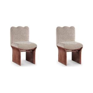 Bowery Hill Set of 2 Beige Chenille Art Deco Dining Chairs with Walnut Oak Veneer Base