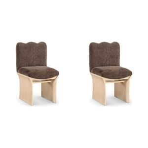 Bowery Hill Set of 2 Dining Chairs in Brown Chenille Fabric with Natural Oak Veneer Base