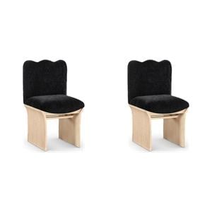 Bowery Hill Set of 2 Black Chenille Upholstered Dining Chairs- Art Deco Style with Oak Veneer Base