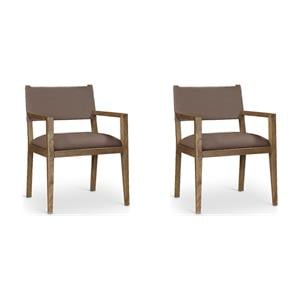 Bowery Hill Set of 2 Dining Arm Chairs in Brown Vegan Leather and Walnut Ash Wood