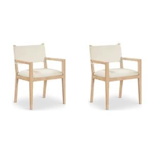 Bowery Hill Set of 2 Dining Arm Chairs in Cream Vegan Leather & Solid Ash Wood