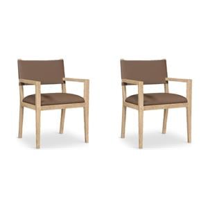 Bowery Hill Set of 2 Brown Vegan Leather Dining Arm Chairs in Solid Ash Wood