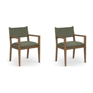 Bowery Hill Set of 2 Olive Linen Dining Arm Chairs in Solid Ash Wood
