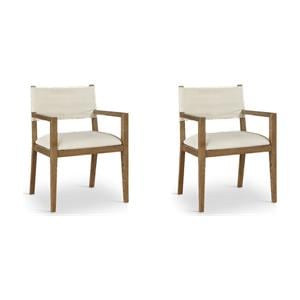 Bowery Hill Set of 2 Cream Linen Dining Arm Chairs in Solid Ash Wood with Walnut Finish