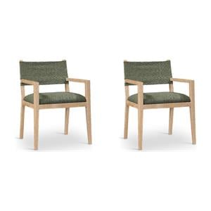 Bowery Hill Set of 2 Dining Arm Chairs in Olive Linen Textured Fabric with Solid Ash Wood