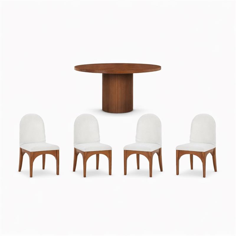 Bowery Hill Set of 5 Round Oak Veneer Table and 4 Cream Chenille Chairs