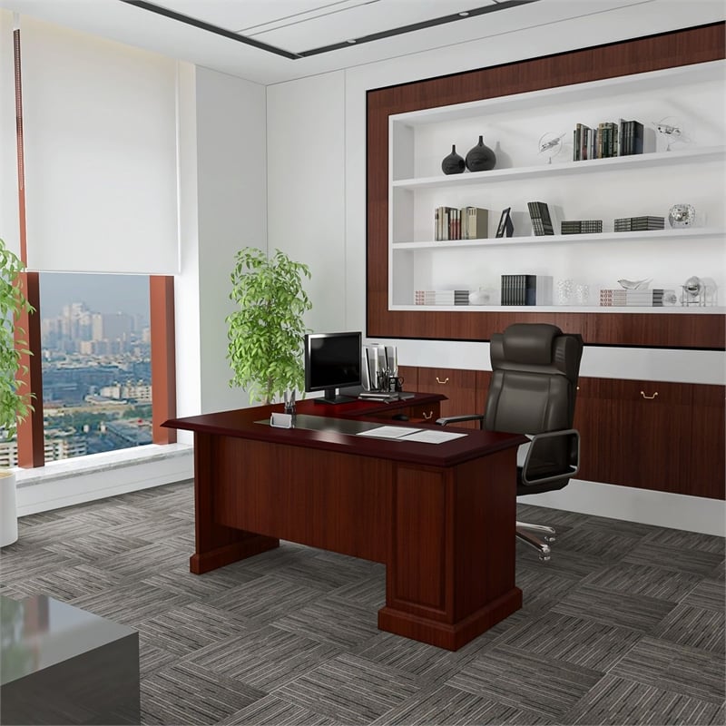 Pemberley Row Manufactured Wood Harvest Cherry Executive Office Desk L-Shape Double Pedestal 66