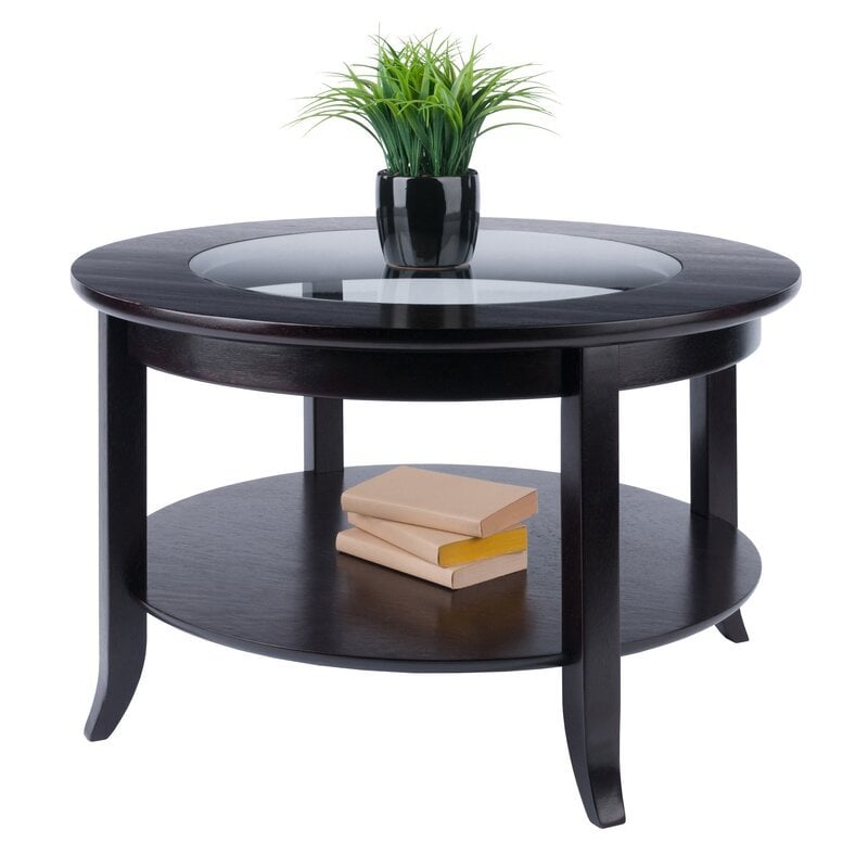 Pemberley Row Solid Wood Dark Espresso Coffee Table Round Glass Top 30
