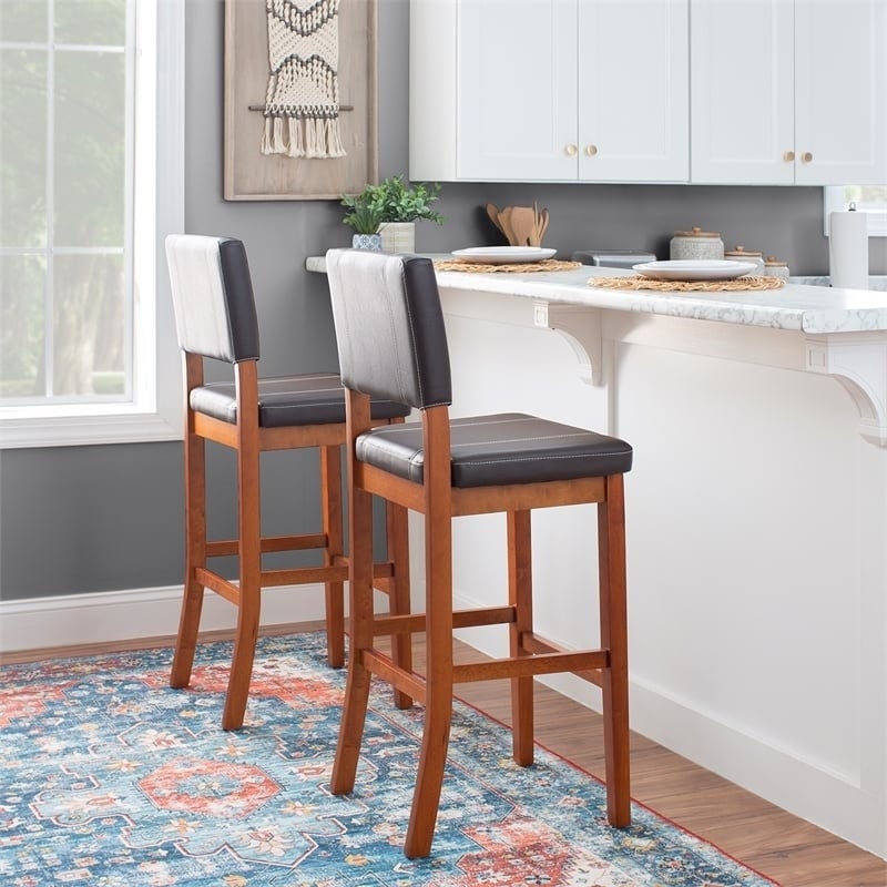 Pemberley Row Faux Leather Deep Brown Bar Stool Rectangular Padded Seat 30.5