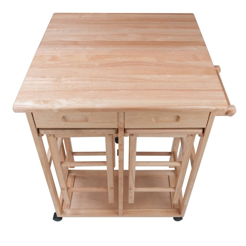 Pemberly Row 3-Piece Drop Leaf Solid Wood Kitchen Cart with 2 Stools in Natural