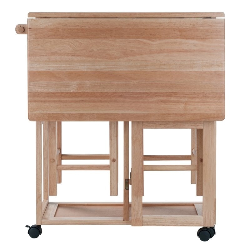 Pemberly Row 3-Piece Drop Leaf Solid Wood Kitchen Cart with 2 Stools in Natural