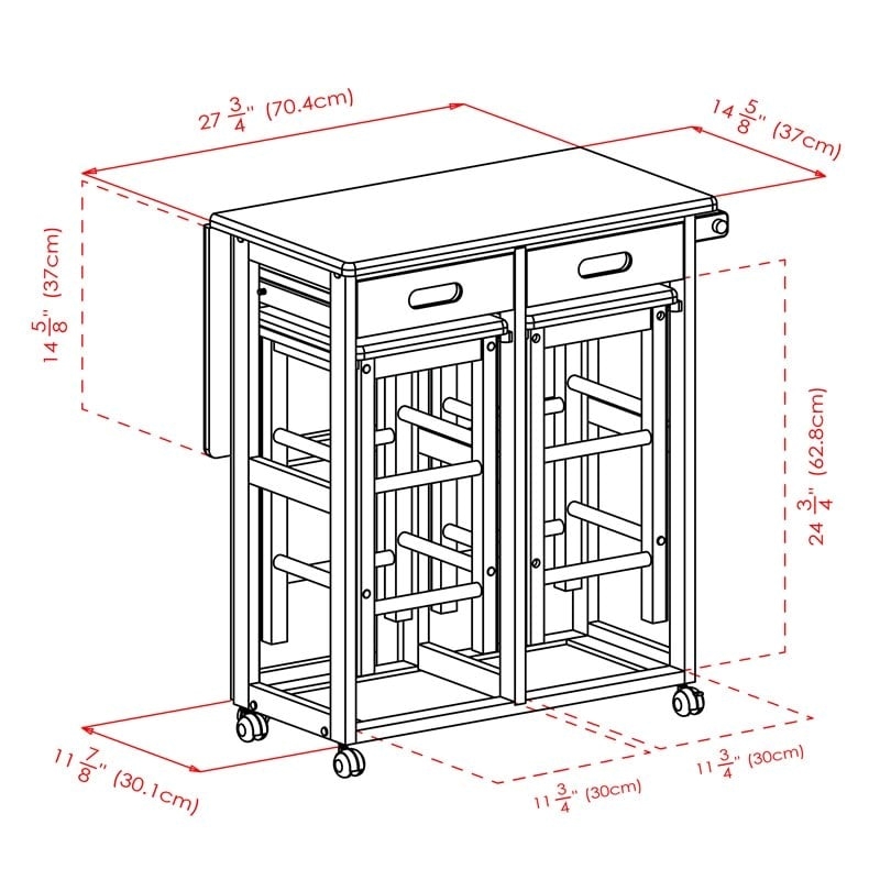 Pemberly Row 3-Piece Drop Leaf Solid Wood Kitchen Cart with 2 Stools in Natural