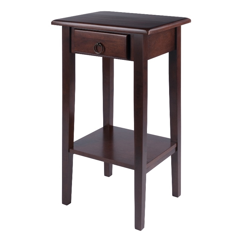 Pemberly Row 1-Drawer Solid Wood Accent Table with Shelf in Antique Walnut