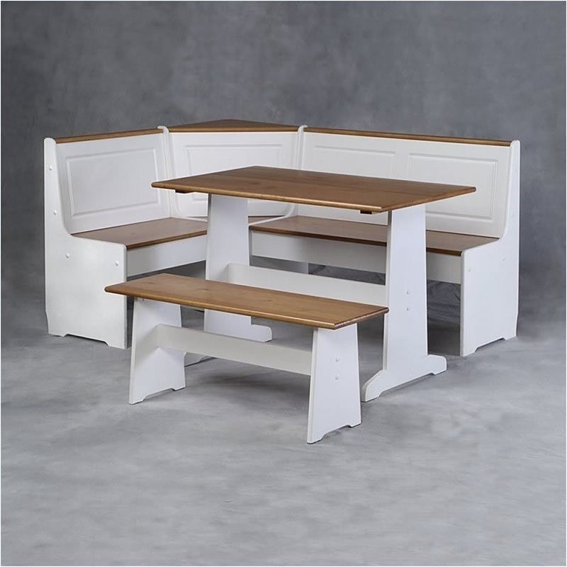 Pemberley Row Pine White Breakfast Corner Nook Table Set Rectangular Hidden Storage 64