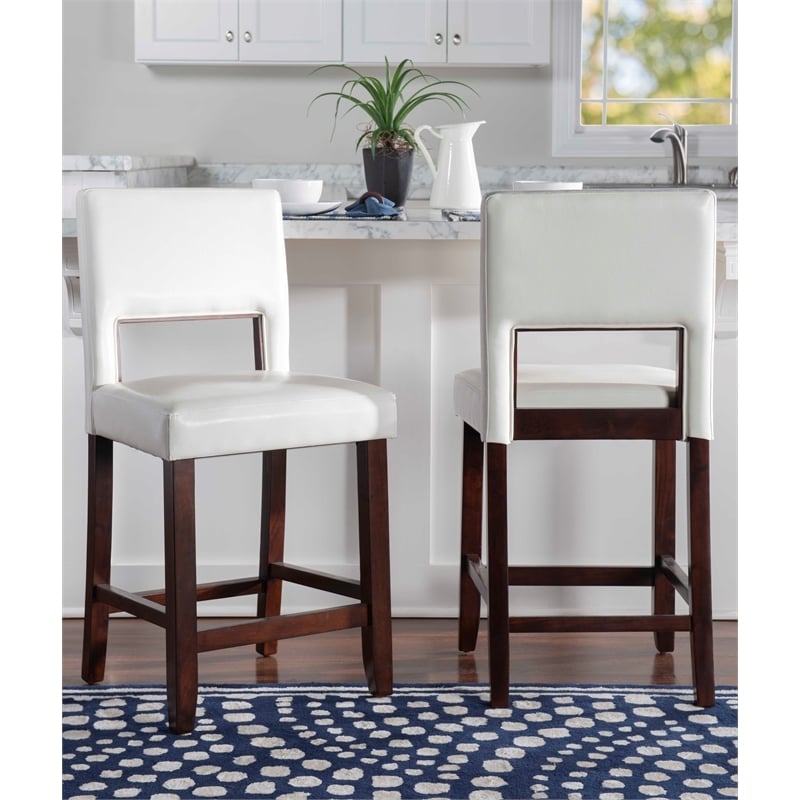 Pemberly Row Wood Bar Stool Chair in White - Square Seat & Footrest & Backrest