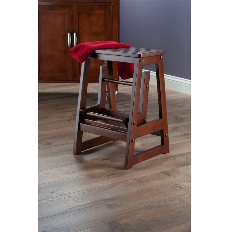 Pemberly Row Transitional Solid Wood Double Step Stool in Antique Walnut