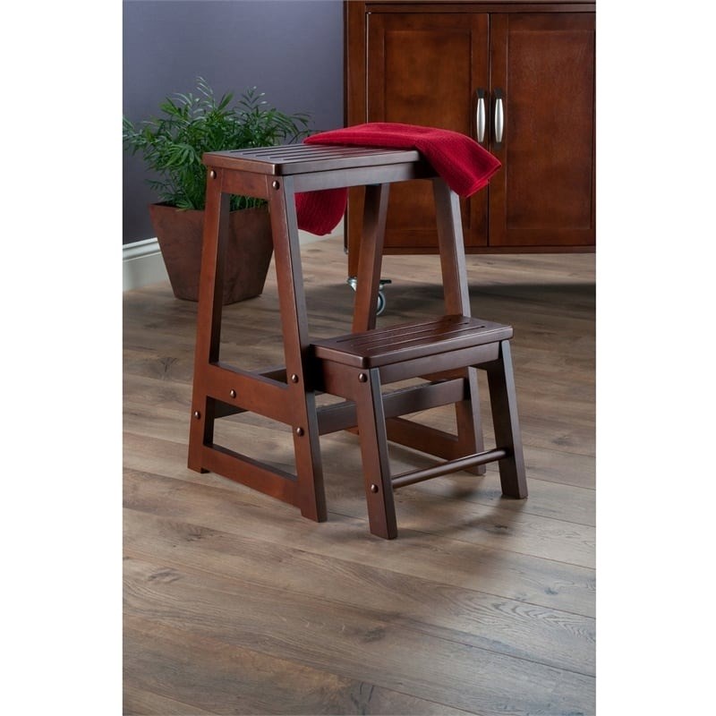 Pemberly Row Transitional Solid Wood Double Step Stool in Antique Walnut