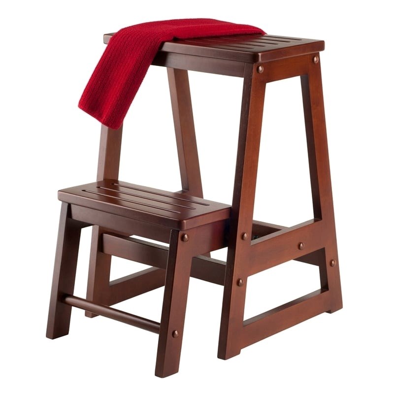 Pemberly Row Transitional Solid Wood Double Step Stool in Antique Walnut