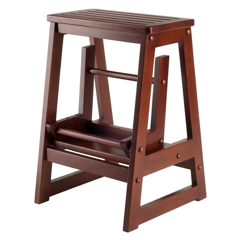 Pemberly Row Transitional Solid Wood Double Step Stool in Antique Walnut