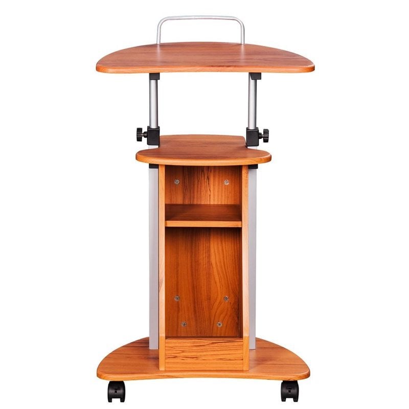 Pemberly Row Sit-to-Stand Rolling Laptop Cart with Storage in Wood Grain
