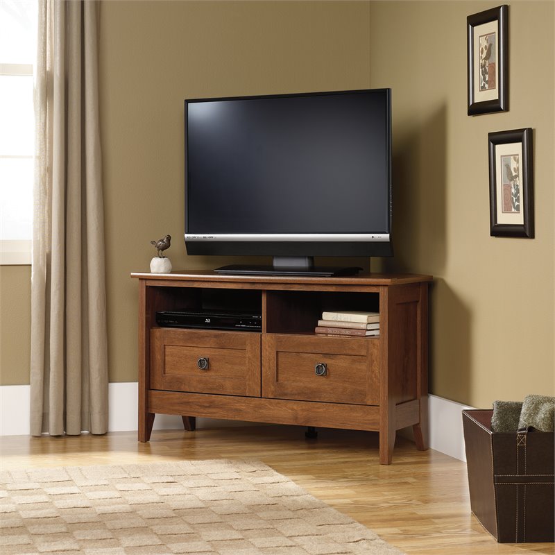 Pemberly Row Corner Wooden TV Stand in Oiled Oak Cymax Business