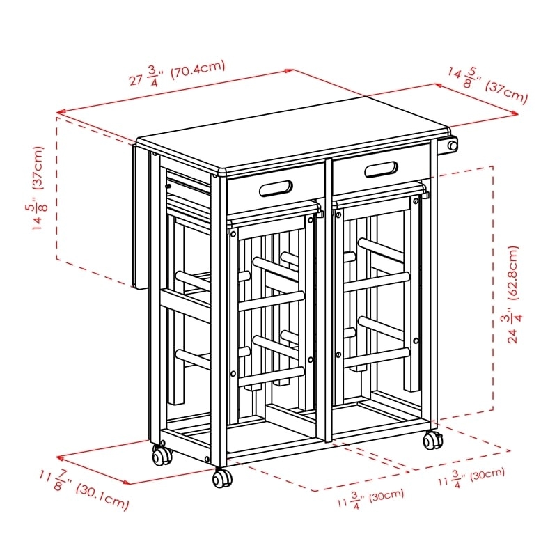 Pemberly Row Solid Wood Space Saver Dinette Set with 2 Square Stools in Teak