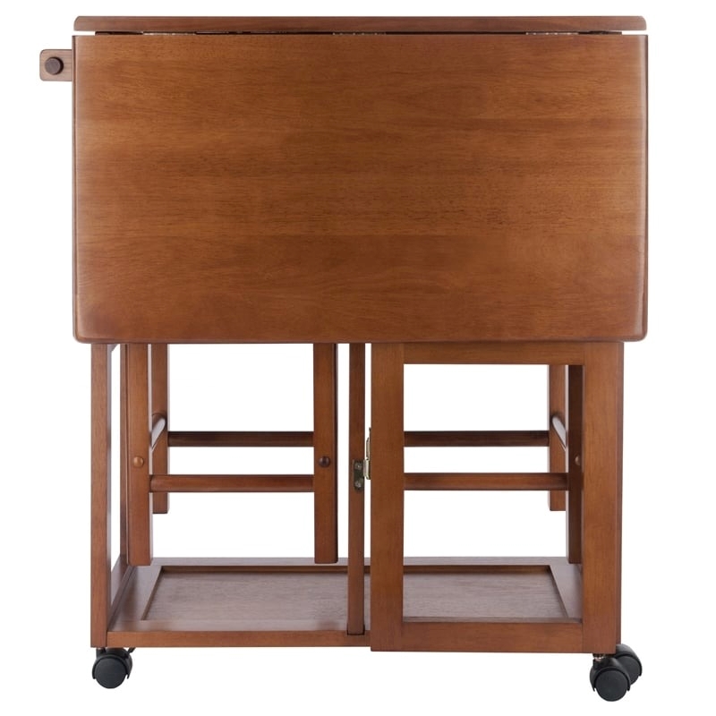 Pemberly Row Solid Wood Space Saver Dinette Set with 2 Square Stools in Teak