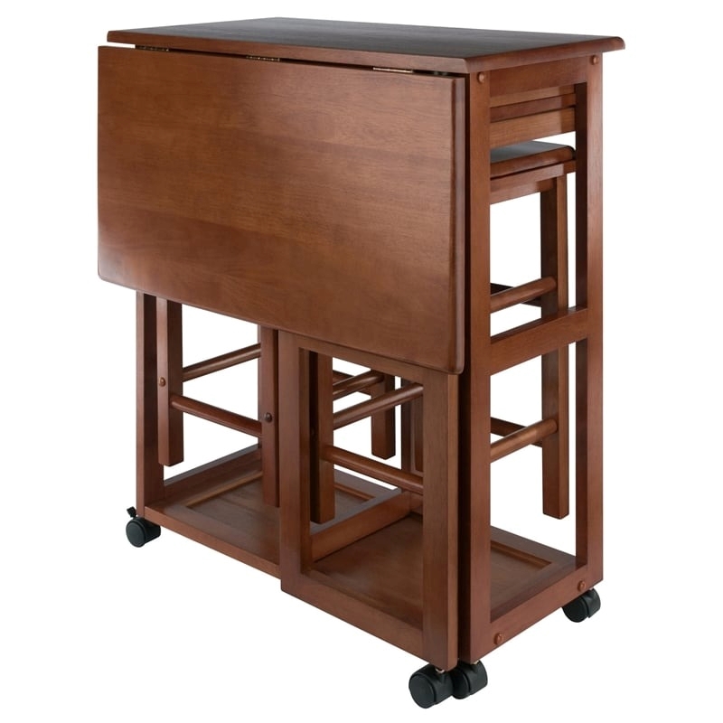 Pemberly Row Solid Wood Space Saver Dinette Set with 2 Square Stools in Teak